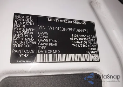 2022 Mercedes-Benz Sprinter 2500 Standard Roof V6 from USA, damaged, VIN W1Y4EBHY5NT084472